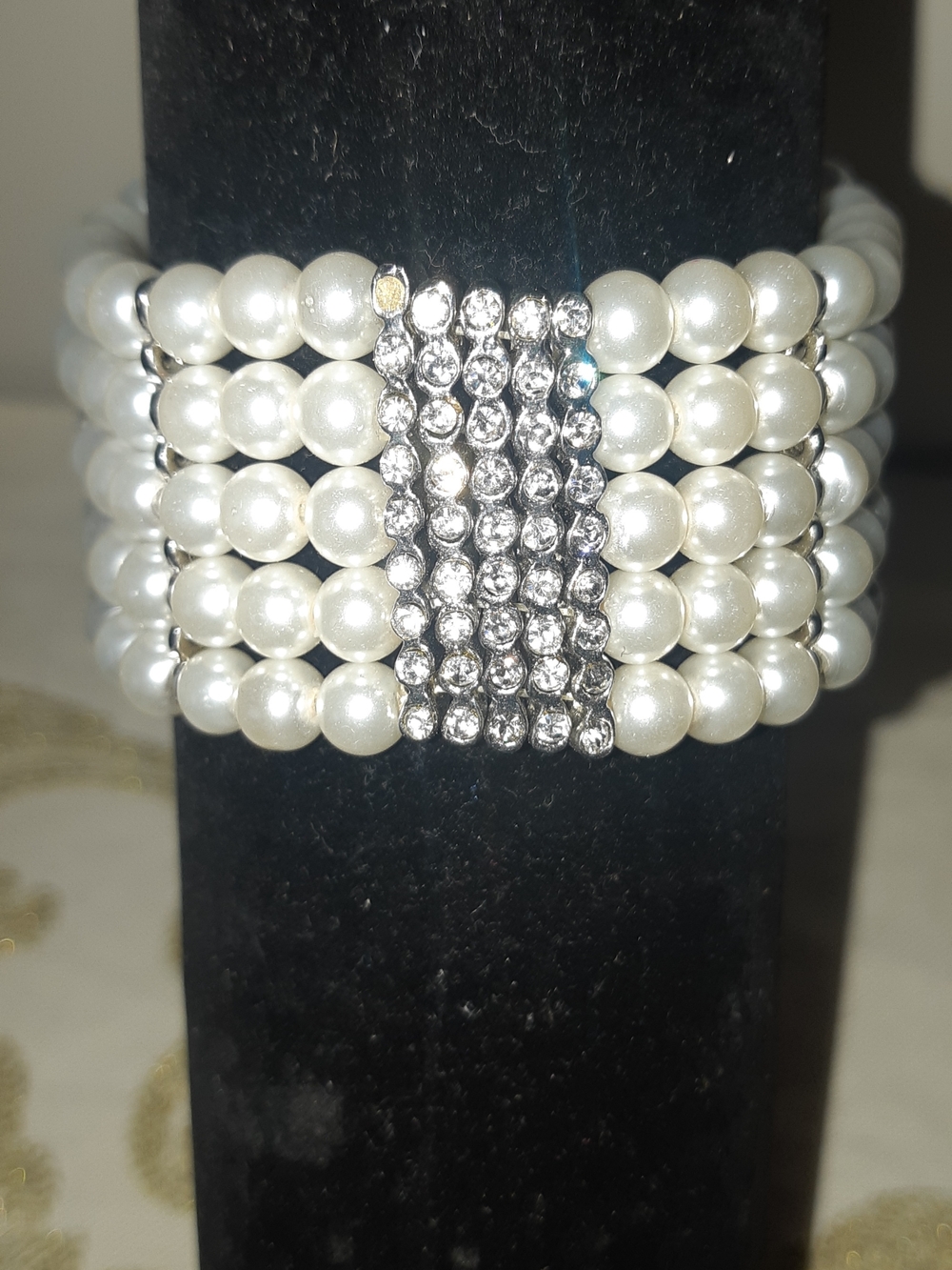 Elegant White Pearl Multi-Row Bracelet with Silver Rhinestone Accent